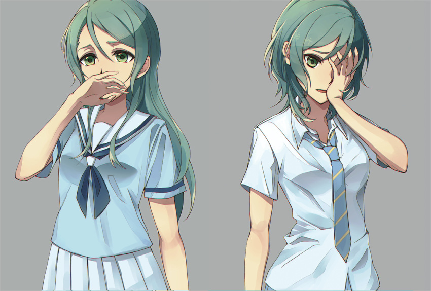 2girls aqua_hair bang_dream! blue_neckwear blue_shirt collared_shirt commentary_request covering_mouth green_eyes grey_background hanasakigawa_school_uniform hand_on_own_face hand_over_eye hand_to_own_mouth haneoka_school_uniform hikawa_hina hikawa_sayo long_hair multiple_girls neckerchief necktie pleated_skirt school_uniform serafuku shirt short_hair short_sleeves siblings simple_background sisters skirt striped striped_neckwear tozaki_(r_sailing) twins white_shirt white_skirt