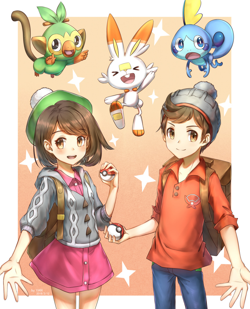 &gt;_&lt; 1boy 1girl 2578221183 :d absurdres backpack bag bangs beanie blue_eyes blush brown_eyes brown_hair cardigan closed_mouth commentary_request cowboy_shot creatures_(company) d: eyebrows eyebrows_visible_through_hair eyes_closed facing_viewer female_protagonist_(pokemon_swsh) game_freak gen_8_pokemon green_hat grookey hair_between_eyes hat highres holding holding_poke_ball long_sleeves looking_at_viewer male_protagonist_(pokemon_swsh) nintendo open_mouth poke_ball poke_ball_(generic) pokemon pokemon_(creature) pokemon_(game) pokemon_swsh red_shirt scorbunny shiny shiny_hair shirt short_hair simple_background smile sobble standing star tam_o'_shanter upper_teeth xd