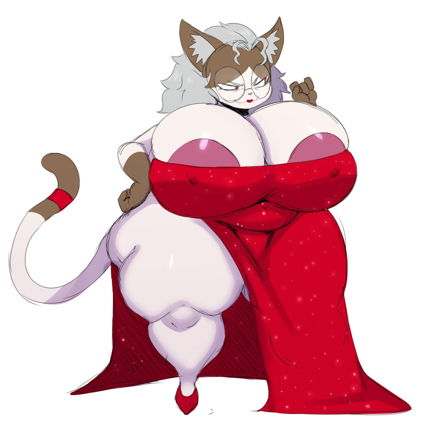 anthro big_breasts breasts clothed clothing domestic_cat dress eyewear felid feline felis female glasses grey_hair hair high_heels huge_breasts lipstick makeup mammal old ophelia_(sssonic2) simple_background solo sssonic2 wide_hips