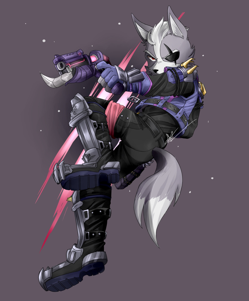 2019 absurd_res anthro black_nose boots canid canine clothing dipstick_tail eye_patch eyewear fingerless_gloves footwear fur gloves grey_fur gun handgun hi_res male mammal multicolored_tail nintendo nobllite ranged_weapon red_eyes solo star_fox video_games weapon white_fur wolf_o'donnell