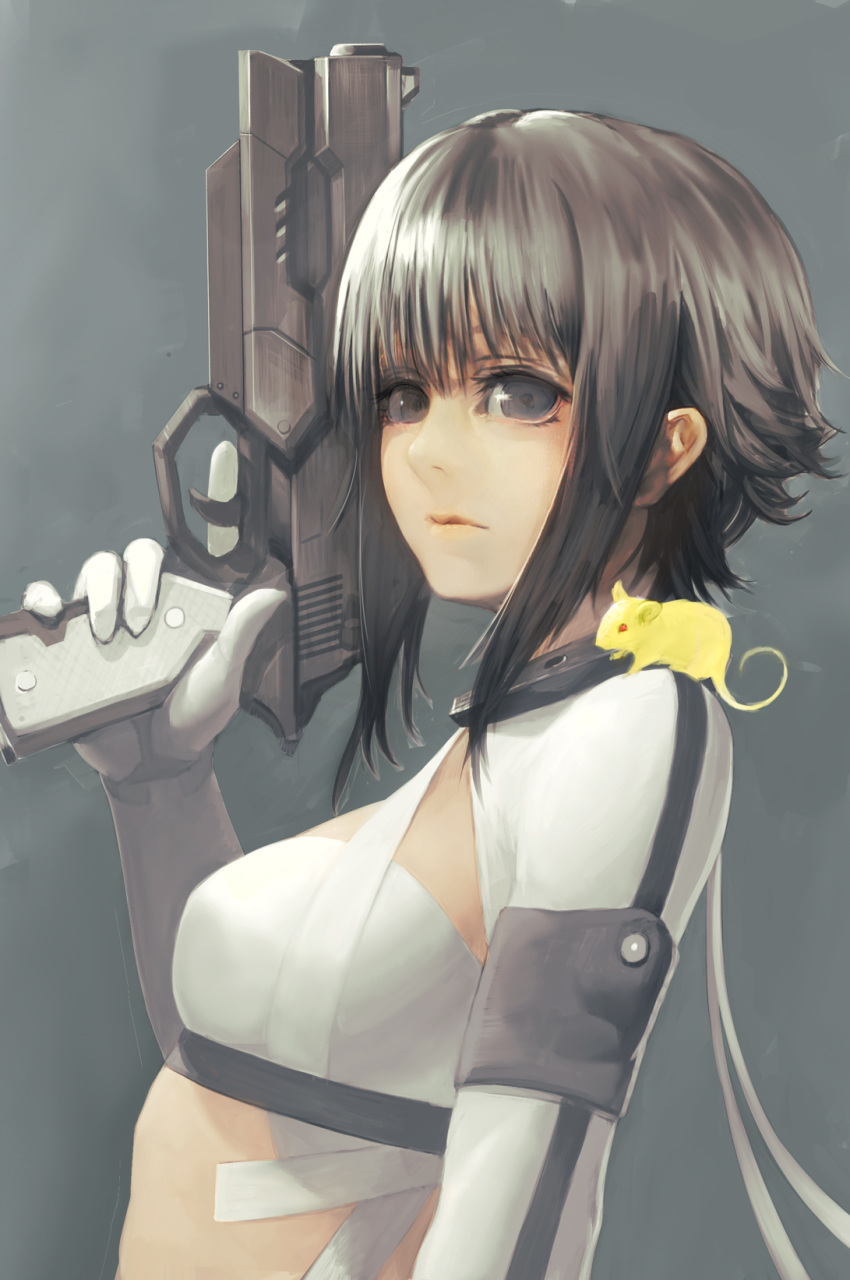 1girl armband bangs black_eyes brown_hair buttons closed_mouth gloves gun handgun highres hiragana_(gomasyabu) holding holding_gun holding_weapon medium_hair mouse original red_eyes upper_body weapon white_gloves