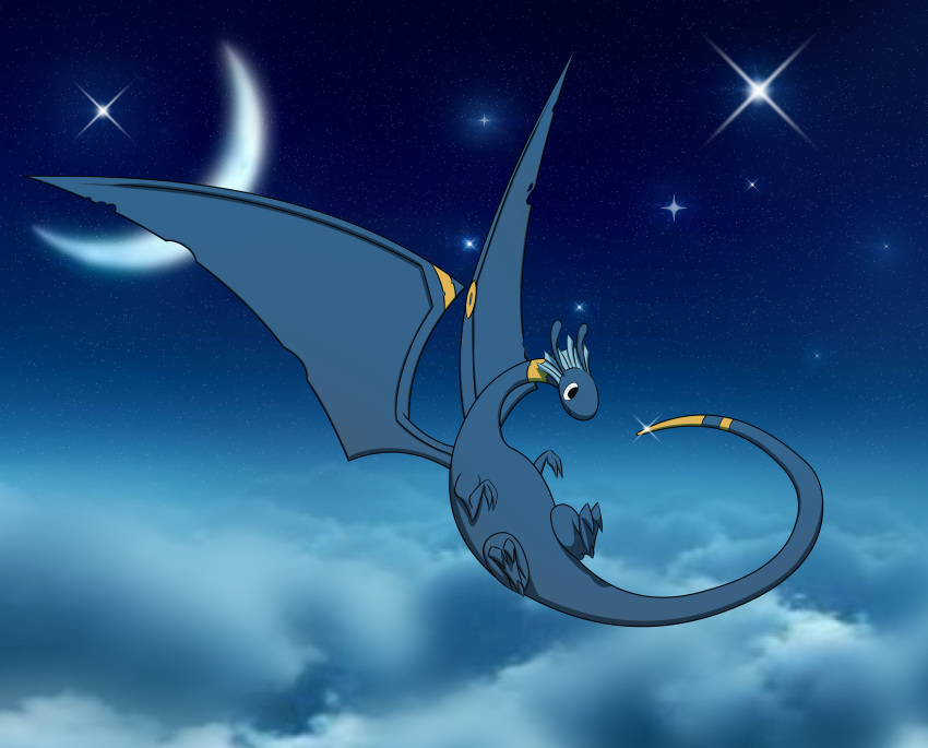 2019 absurd_res black_scales cloud digital_media_(artwork) dragon feral flying hi_res hisone_to_masotan male masotan membranous_wings moon night organic_transformed_flyer reptile rezzek789 scales scalie sky smile solo star wings yellow_scales