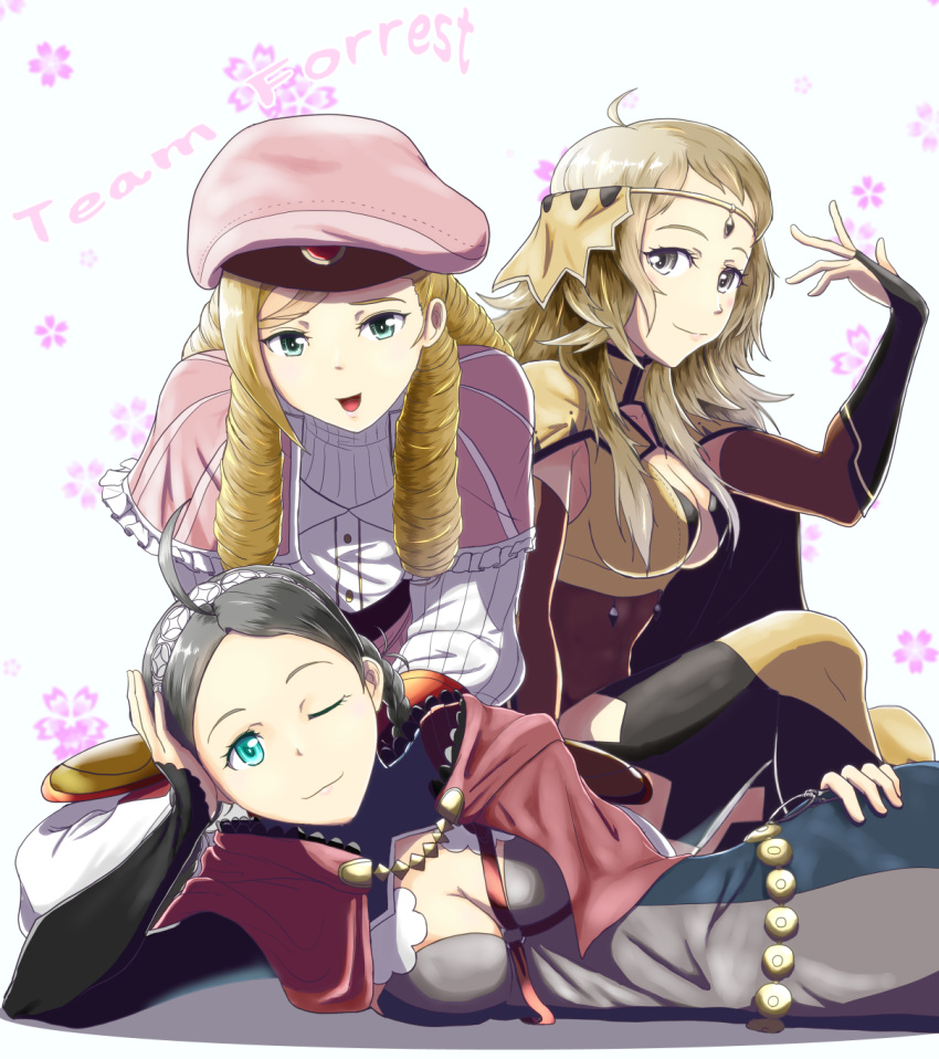 1boy 2girls ahoge beret blonde_hair blue_eyes braid breasts bridal_gauntlets capelet center_opening circlet cleavage closed_mouth drill_hair eponine_(fire_emblem_if) fire_emblem fire_emblem_if foleo_(fire_emblem_if) grey_eyes grey_hair gzo1206 hairband hat highres key keychain long_hair long_sleeves lying medium_breasts multiple_girls nintendo on_side one_eye_closed open_mouth ophelia_(fire_emblem_if) pink_hat single_braid sitting smile trap