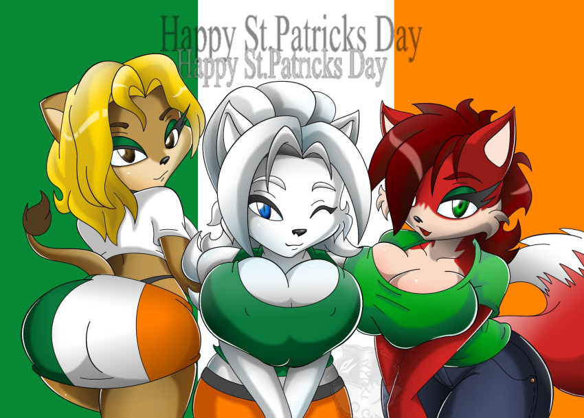 anthro arctic_wolf breasts butt canid canine canis felid female fox goblinhordestudios group hi_res holidays k9wolf lion mammal one_eye_closed pantherine st._patrick's_day wink wolf