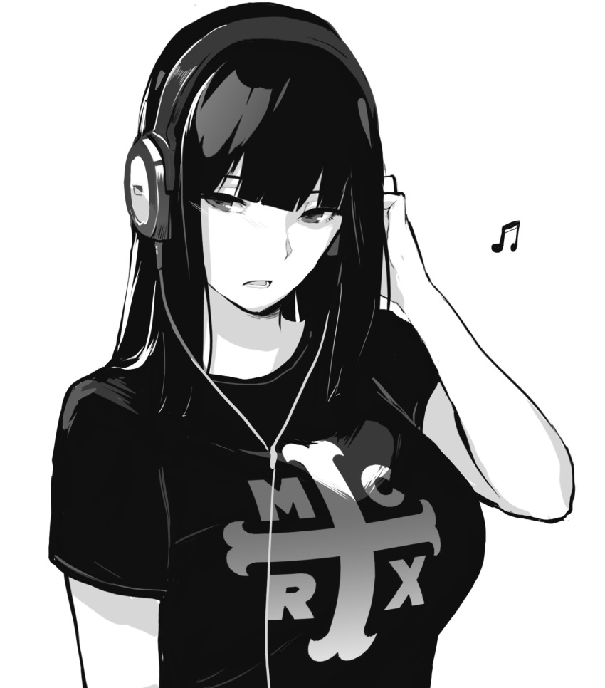 1girl bangs black_eyes black_hair black_shirt commentary elbow english_commentary eyebrows hand_on_own_head headphones highres listening_to_music long_hair looking_to_the_side monochrome musical_note my_chemical_romance naoko_(9113419) open_mouth original shirt simple_background solo straight_hair t-shirt white_background wire