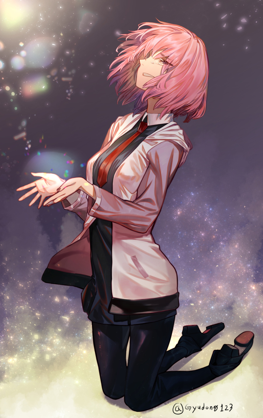 1girl @ artist_name black_footwear black_legwear breasts commentary_request eyebrows_visible_through_hair eyes_visible_through_hair fate/grand_order fate_(series) gyudong123 hair_over_one_eye highres jacket kneeling lavender_hair looking_up mash_kyrielight nail_polish necktie pantyhose pink_nails purple_eyes purple_hair red_neckwear shoes short_hair solo tearing_up tears