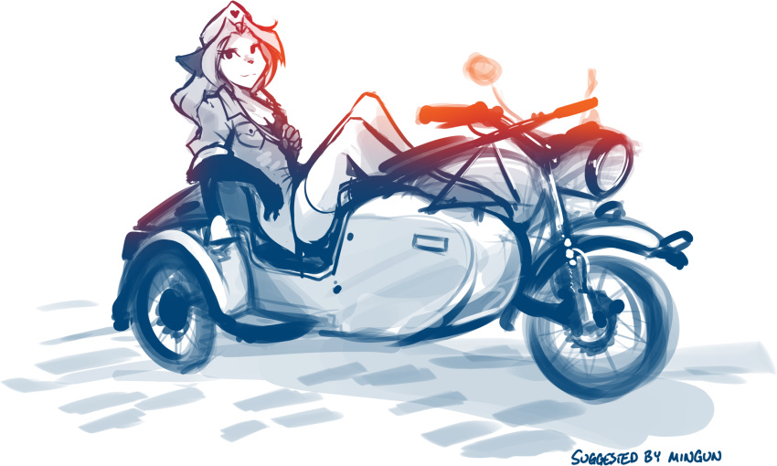 &lt;3 2019 anthro bichrome bottomless breasts canid canine cleavage clothed clothing digitigrade female fox gloves_(marking) hat hi_res keidran laura_(twokinds) legwear looking_at_viewer mammal markings motorcycle pose sidecar simple_background sitting sketch smile solo stockings thigh_highs tom_fischbach twokinds uniform vehicle webcomic white_background