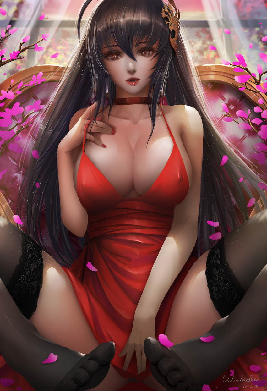 1girl ahoge azur_lane bangs bare_shoulders black_hair black_legwear blush breasts choker cleavage cocktail_dress collarbone covering covering_crotch dress erect_nipples hair_between_eyes hair_ornament hand_on_own_chest highres huge_breasts kaze_no_gyouja large_breasts light_particles long_hair looking_at_viewer nail_polish no_shoes open_mouth petals red_choker red_dress red_eyes red_lips red_nails sidelocks sitting solo taihou_(azur_lane) taihou_(forbidden_feast)_(azur_lane) thighhighs very_long_hair