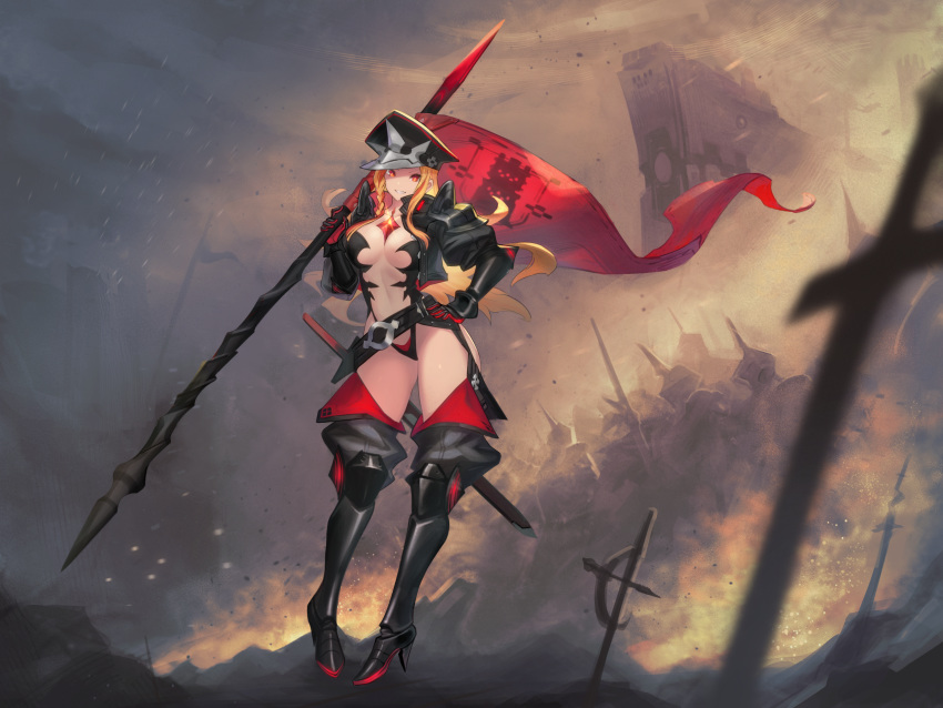 1girl armor black_gloves black_hat black_legwear blonde_hair breasts cleavage day flag glint gloves hand_on_hip hat helmet highres holding holding_flag knight large_breasts long_hair outdoors pixiv_fantasia_last_saga planted_weapon sakazu_mekasuke sandstorm solo_focus sword vackenbale weapon