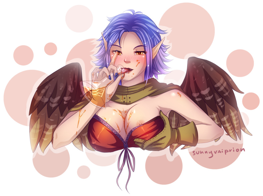 altavy_(altavy) animal_humanoid avian avian_humanoid bird blush breasts bunny_and_fox_world cleavage clothed clothing falcon falcon_humanoid feathers female hair humanoid nipples pointy_ears purple_hair sunnyvaiprion tongue wings yellow_eyes