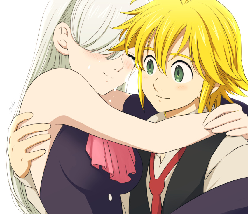 1boy 1girl antenna_hair asymmetrical_sleeves black_dress black_sleeves blonde_hair carrying crying detached_sleeves dress elizabeth_liones eyes_closed green_eyes grey_shirt hair_between_eyes hair_over_one_eye harumiya long_hair long_sleeves meliodas nanatsu_no_taizai necktie pink_neckwear princess_carry red_neckwear shiny shiny_hair shirt signature silver_hair single_sleeve sleeveless sleeveless_dress smile tears very_long_hair white_background