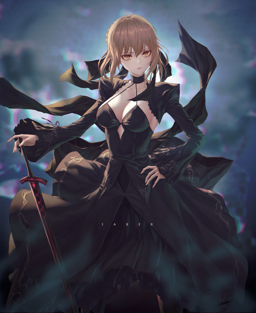 1girl artoria_pendragon_(all) bangs black_dress black_ribbon blonde_hair breasts cleavage closed_mouth dark_excalibur dark_persona dress fate/grand_order fate/stay_night fate_(series) gothic_lolita hair_bun highres lolita_fashion long_sleeves looking_at_viewer medium_breasts puffy_sleeves ribbon saber_alter solo standing sword und0 weapon yellow_eyes