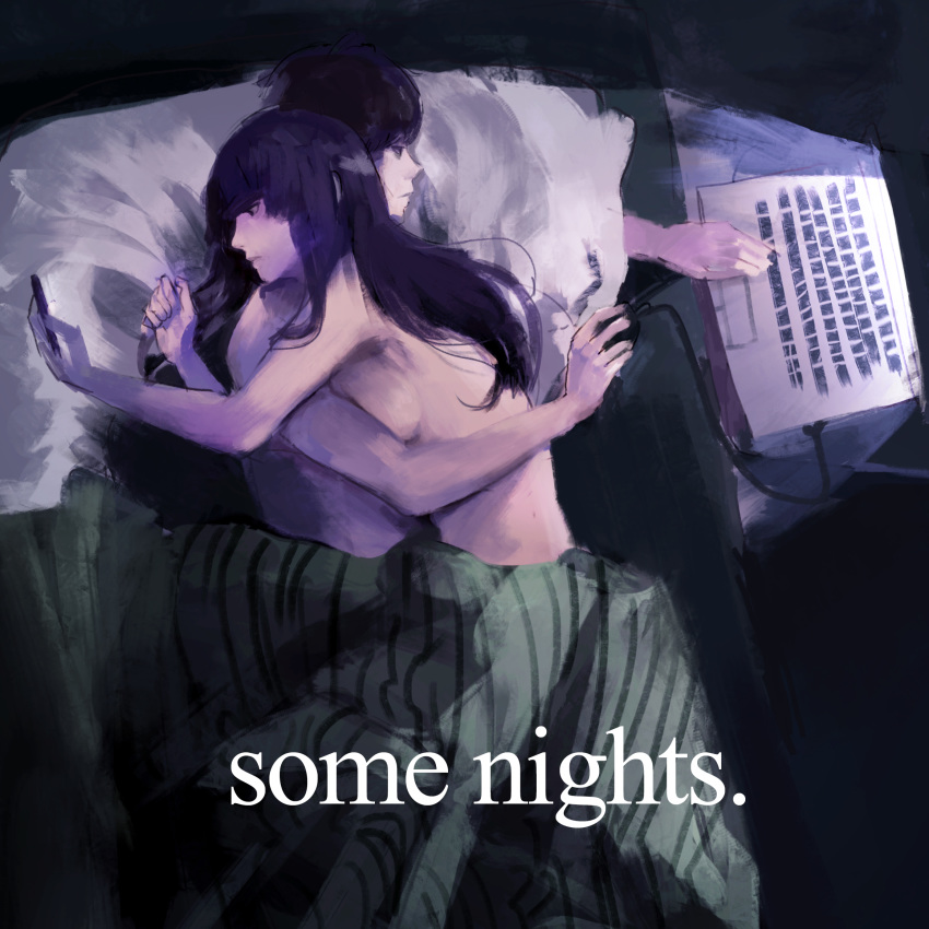1boy 1girl bed black_hair breasts cellphone commentary computer hetero highres holding holding_cellphone holding_phone hug indoors laptop long_hair lying mouse_(computer) naoko_(9113419) nude on_side original phone pillow smartphone spoon spooning table under_covers