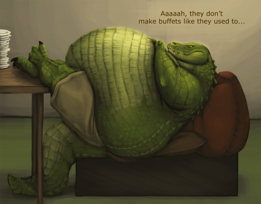 anthro barefoot belly belly_overhang big_belly big_butt bokracroc butt chair claws clothed clothing crocodile crocodilian crossed_legs dialogue green_scales hand_on_stomach huge_butt hyper hyper_belly inside legs_up male morbidly_obese obese obese_male overweight overweight_male plate reclining reptile scales scalie smile solo sugarboy table teeth text toe_claws