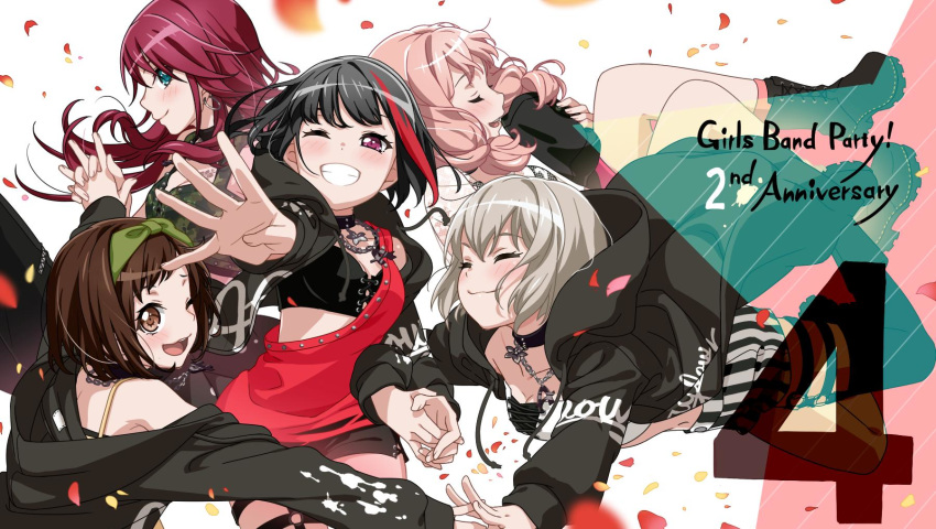 4 5girls :3 ;d ^_^ afterglow_(bang_dream!) anniversary aoba_moka bang_dream! bangs black_choker black_footwear black_hair black_jacket bob_cut boots brown_eyes brown_hair chain_necklace choker closed_eyes clothes_writing commentary_request copyright_name countdown crop_top eyes_closed green_eyes grey_hair grin hand_holding hands_clasped hazawa_tsugumi highres hood hood_down hooded_jacket jacket long_hair looking_at_viewer looking_back mitake_ran multiple_girls number off_shoulder official_art one_eye_closed open_mouth own_hands_together paint_stains petals purple_eyes red_hair red_shirt shirt short_hair shorts single_strap smile spaghetti_strap striped striped_shorts thigh_strap thighhighs twintails u_u udagawa_tomoe uehara_himari