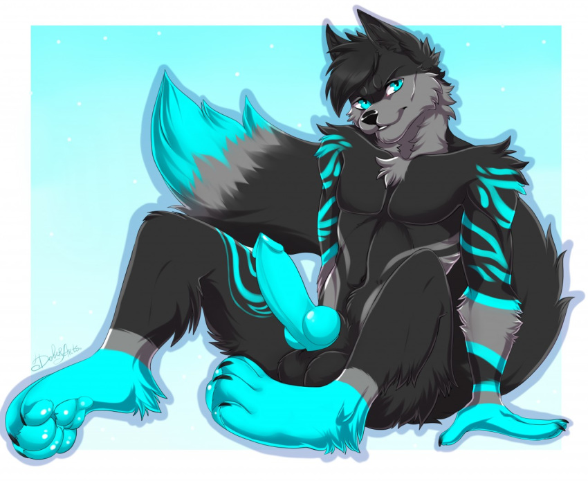 anthro balls black_fur canid canine canis fur half_lidded_eyes jak_luca knot low_res male mammal nude penis sheldon_dober sona teal_eyes temptation tribal_marks tricolor wolf