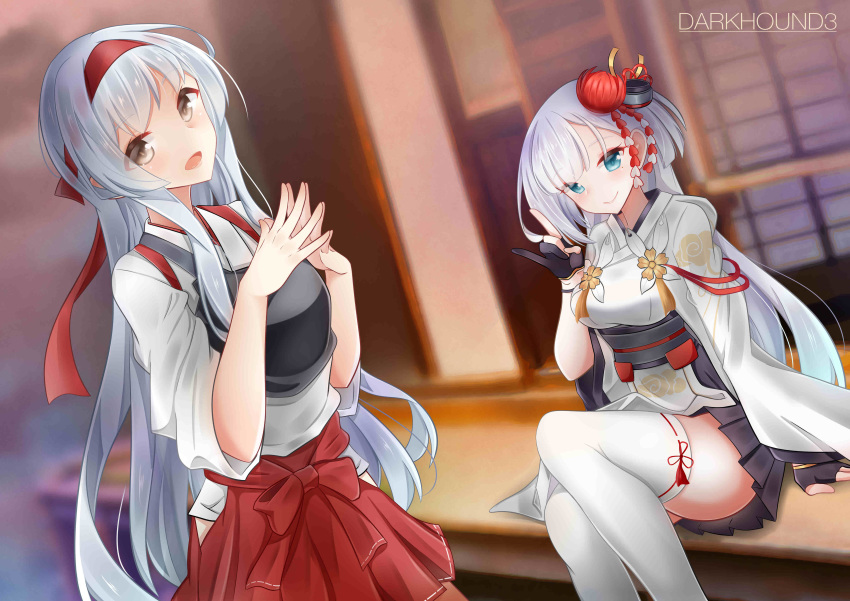 2girls absurdres azur_lane bangs blue_eyes commentary_request crossover dark_hound_3 eyebrows_visible_through_hair fingerless_gloves fox_shadow_puppet gloves hair_ornament hair_ribbon hairband hakama hakama_skirt hand_gesture highres japanese_clothes kantai_collection kimono legs_crossed long_hair looking_at_viewer mole mole_under_eye multiple_girls open_mouth pleated_skirt ribbon shoukaku_(azur_lane) shoukaku_(kantai_collection) sidelocks sitting skirt smile standing steepled_fingers thighhighs very_long_hair white_hair white_legwear yellow_eyes