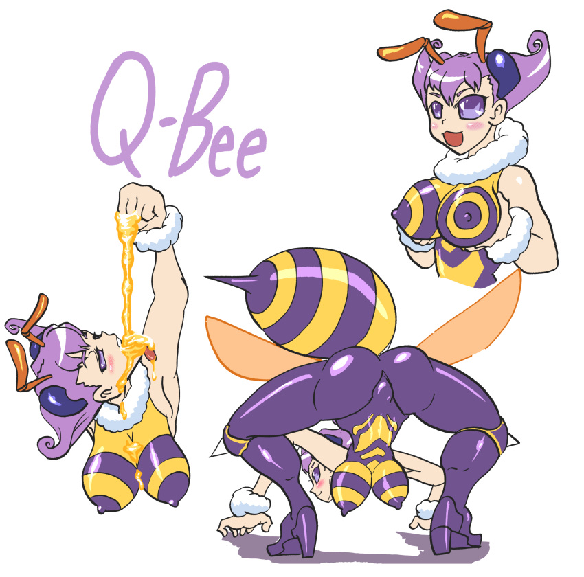 1girl :3 antennae ass bee_girl bodysuit boots breasts capcom darkstalkers erect_nipples extra_eyes flipped_hair fur_collar high_heel_boots high_heels honey insect_girl insect_wings large_breasts monster_girl no_pupils pantyhose purple_hair purple_legwear q-bee short_hair sleeveless solo spikes stinger vampire_(game) wings