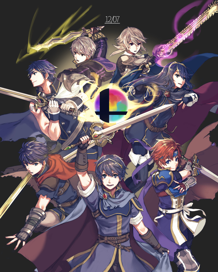 1girl 6+boys absurdres armor blue_cape blue_eyes blue_hair cape danno_gs falchion_(fire_emblem) father_and_daughter fire_emblem fire_emblem:_akatsuki_no_megami fire_emblem:_kakusei fire_emblem:_monshou_no_nazo fire_emblem:_souen_no_kiseki fire_emblem_if gloves headband highres ike krom long_hair looking_at_viewer lucina male_focus male_my_unit_(fire_emblem:_kakusei) male_my_unit_(fire_emblem_if) mamkute marth multiple_boys my_unit_(fire_emblem:_kakusei) my_unit_(fire_emblem_if) nintendo open_mouth pointy_ears short_hair smash_ball smile super_smash_bros. sword tiara weapon white_hair