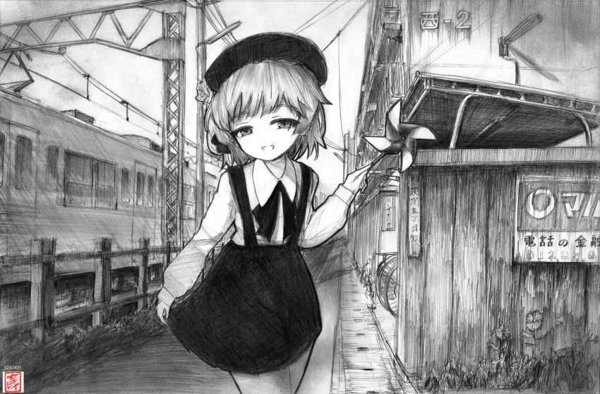 1girl absurdres artist_logo artist_name beret building collared_shirt commentary day fence flower graphite_(medium) greyscale grin ground_vehicle half-closed_eyes hat hatoba_tsugu hatoba_tsugu_(character) head_tilt high-waist_skirt highres holding looking_at_viewer miniskirt mole mole_under_eye monochrome neck_ribbon outdoors pinwheel power_lines ribbon sekirei_tessar shirt short_hair skirt skirt_hold smile solo suspender_skirt suspenders traditional_media train wooden_fence