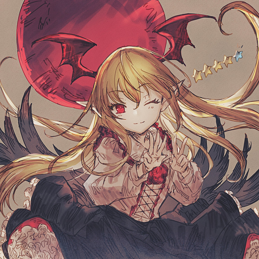 1girl bangs bat_wings black_skirt blonde_hair collared_shirt eyebrows_visible_through_hair flower frilled_shirt frilled_skirt frills full_moon granblue_fantasy hair_between_eyes head_wings highres long_hair long_sleeves looking_at_viewer moon one_eye_closed pointy_ears red_eyes red_flower red_moon red_rose rose shionty shirt simple_background sketch skirt smile solo star v vampire vampy white_shirt wings