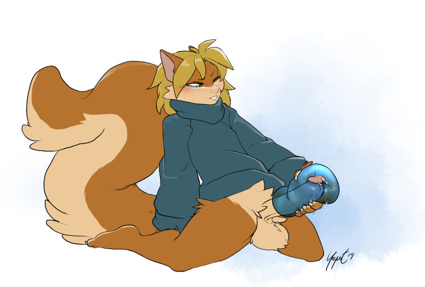 anthro ashnard balls biting_lip bottomless clothed clothing erection hi_res humanoid_penis kneeling male mammal masturbation one_eye_closed penetrable_sex_toy penile_masturbation penis precum rodent sciurid sex_toy smaller_version_at_source solo sweater toying_self yogoat