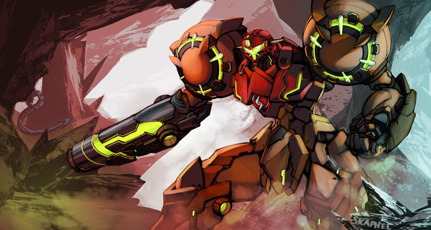 arm_cannon cave clenched_hand getter_robo jagged_rocks mecha metroid neon_trim nintendo power_suit ridley samus_aran skaphel smoke tail weapon