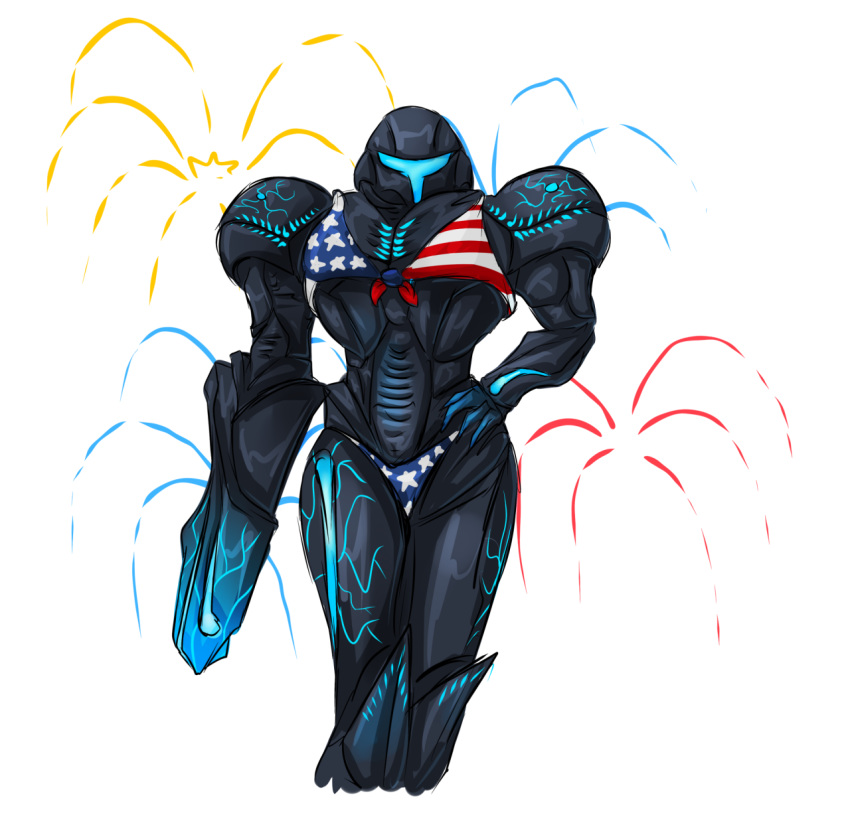 american_flag_bikini arm_cannon bikini cryophase dark_samus fireworks flag_print hand_on_hip highres metroid nintendo swimsuit weapon