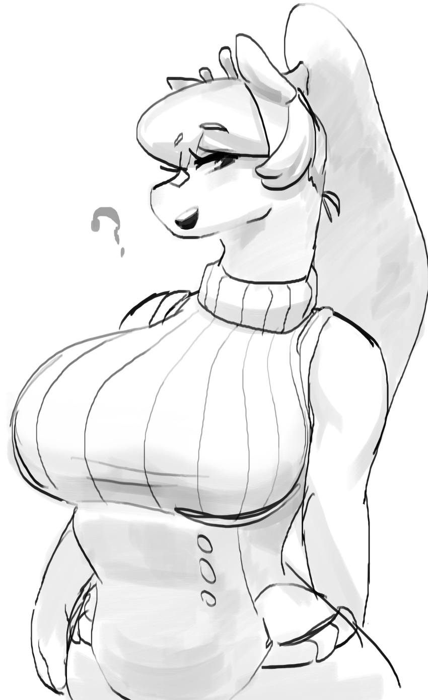 ? absurd_res anthro bedroom_eyes big_breasts black_and_white breasts cat_pepper clothed clothing female giraffe giraffid hair half-closed_eyes hi_res huge_breasts kemono long_hair looking_at_viewer mammal monochrome open_mouth seductive simple_background smile solo turtle_neck white_background