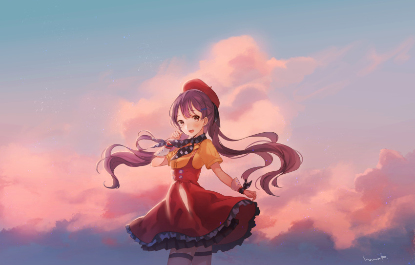 1girl :d black_ribbon blue_sky blush brown_eyes brown_hair checkered checkered_neckwear cloud cowboy_shot day dress_shirt floating_hair frilled_skirt frills from_side hair_ribbon hanako151 hat highres layered_skirt long_hair looking_at_viewer open_mouth outdoors red_hat red_skirt ribbon shirt short_sleeves skirt sky smile solo standing suspender_skirt suspenders thigh_strap twintails very_long_hair vocaloid wrist_cuffs xin_hua yellow_shirt