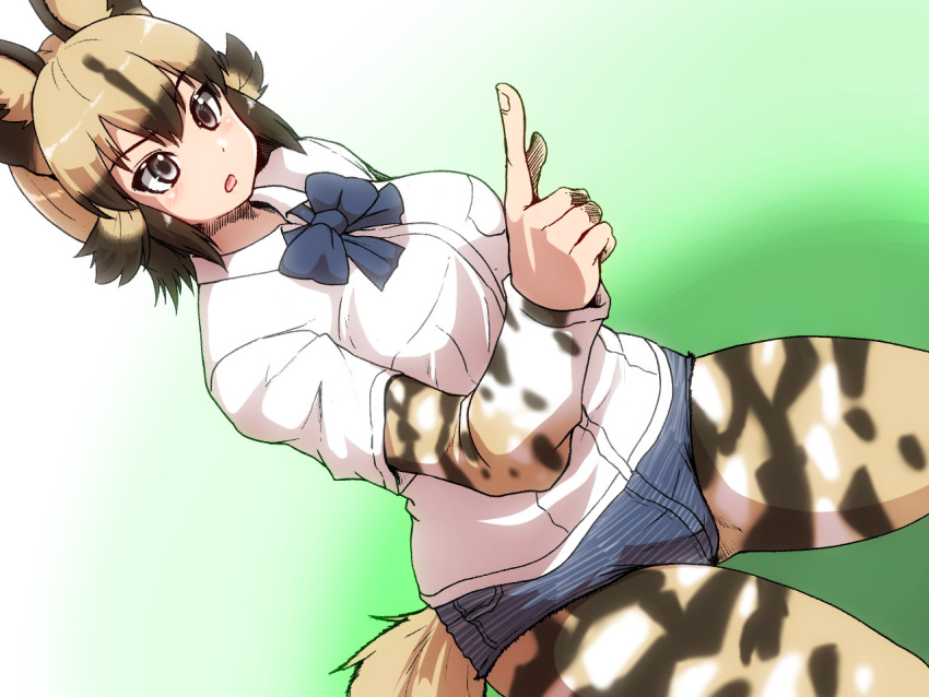 african_wild_dog african_wild_dog_(kemono_friends) animal_humanoid blush bow_tie breasts brown_hair canid canid_humanoid canine canine_humanoid clothed clothing denim_shorts female grey_eyes hair humanoid isna kemono_friends legwear mammal multicolored_hair open_mouth shirt short_hair shorts solo spots spotted_legwear tights two_tone_hair