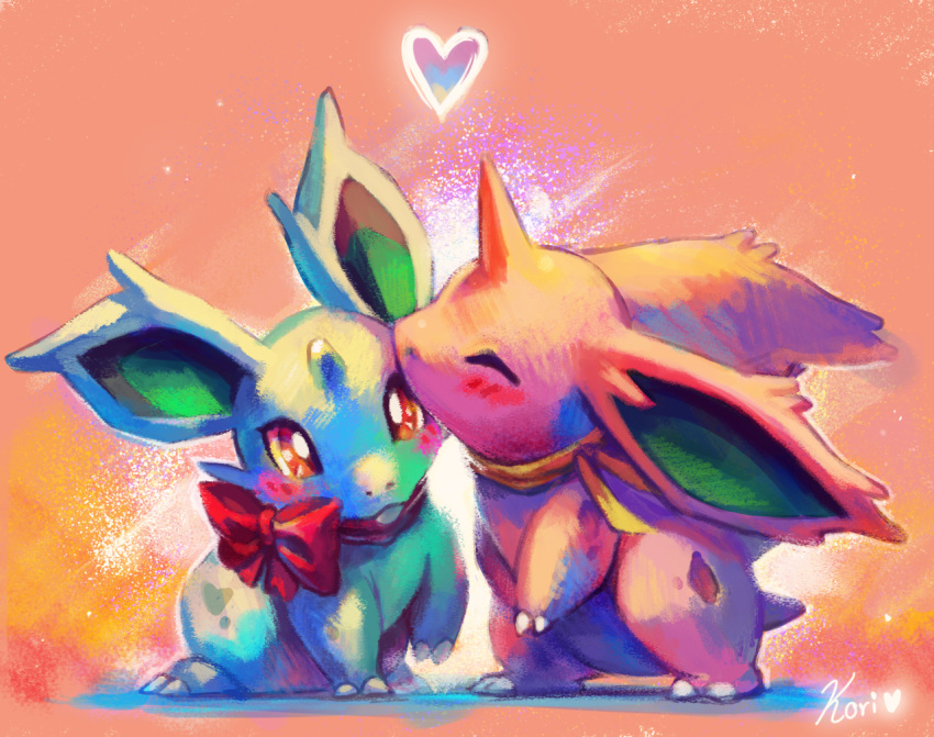 blush claws commentary couple creature creatures_(company) english_commentary eyes_closed full_body game_freak gen_1_pokemon hetero horn kiss koriarredondo neck_ribbon nidoran nintendo no_humans pokemon pokemon_(creature) red_neckwear red_ribbon ribbon rose_background signature