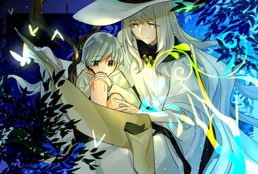 adelinez blue_background branch bug butterfly gideon_(pixiv_fantasia_last_saga) grey_eyes grey_hair hat highres insect knee_up magic miracera_master_of_the_magic_institute on_lap pixiv_fantasia_last_saga robe scroll silver_hair sitting smile white_hat white_robe yellow_eyes younger