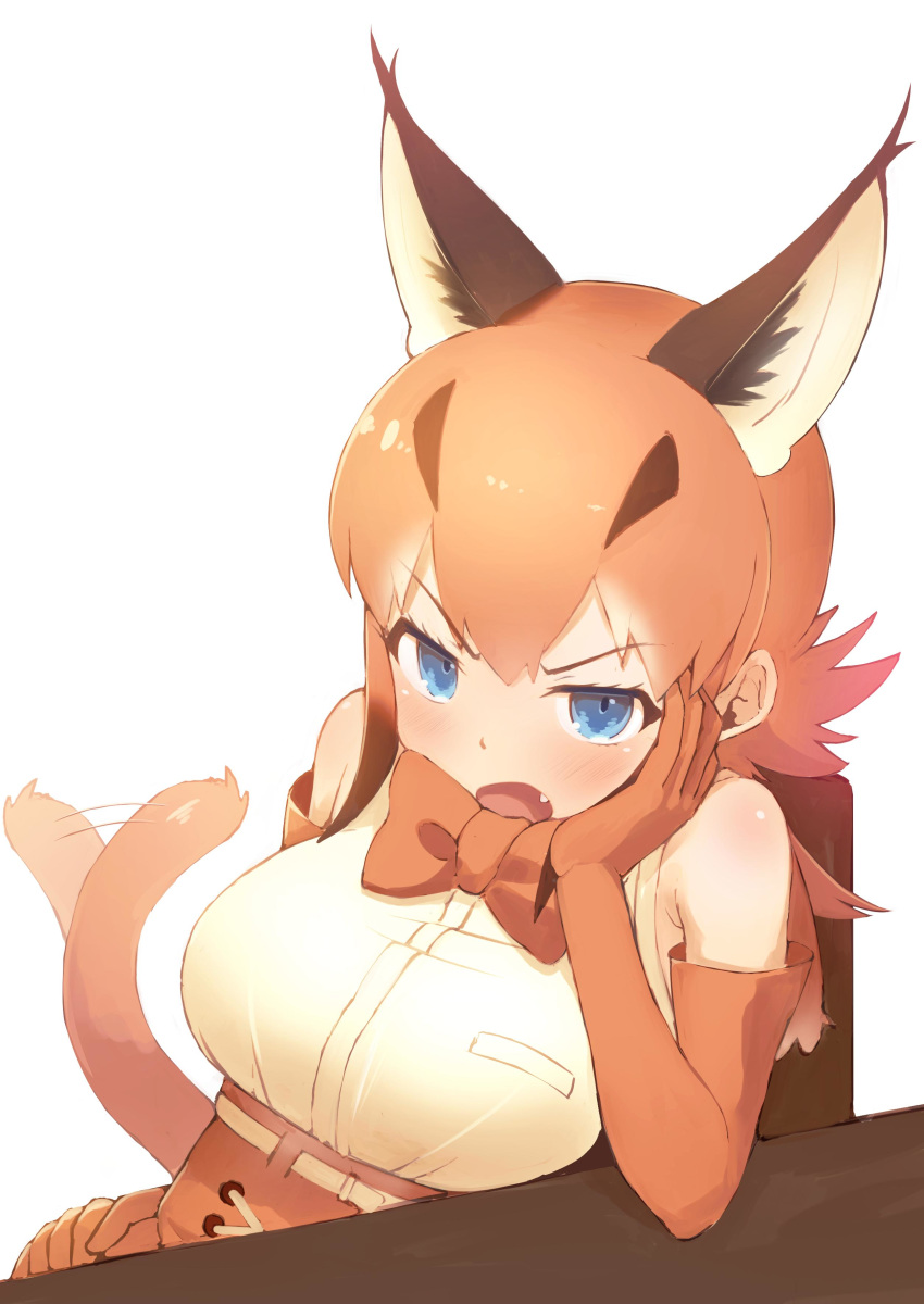 1girl absurdres afterimage bare_shoulders belt blue_eyes blush bow bowtie caracal_(kemono_friends) caracal_ears caracal_tail commentary_request deku_suke elbow_gloves elbows_on_table extra_ears eyebrows_visible_through_hair fang gloves head_on_hand high-waist_skirt highres kemono_friends light_brown_hair open_mouth short_hair skirt sleeveless solo table tail_wagging v-shaped_eyebrows