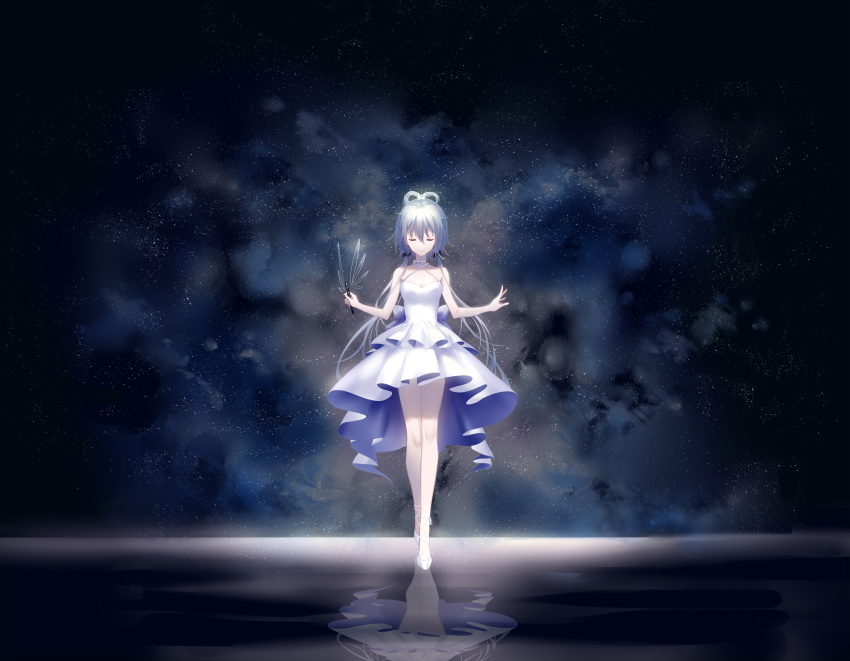 1girl absurdres breasts cleavage day dress eyes_closed floating_hair full_body hair_between_eyes highres holding long_hair luo_tianyi outdoors pumps reflecting_pool short_dress silver_hair sky sleeveless sleeveless_dress small_breasts solo star_(sky) starry_sky tied_hair twintails very_long_hair vocaloid vocanese white_dress white_footwear yaduo
