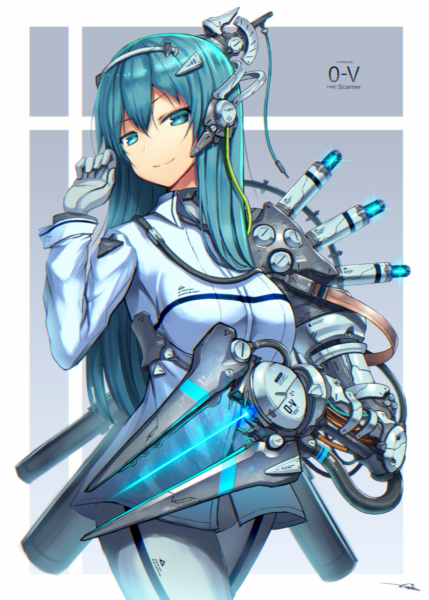 1girl android aqua_eyes aqua_hair bangs breasts cowboy_shot eyebrows_visible_through_hair gia gloves gradient gradient_background grey_gloves headgear highres long_hair looking_at_viewer mechanical_arm medium_breasts original pants shirt signature simple_background single_glove smile solo walking