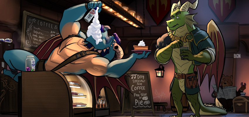 anthro barista bgn cafe dragon duo facial_hair food frill gavin_(spyro) hi_res horn humor jar male mammal moneybags_(spyro) muscular mustache nestor_(spyro) pie scalie spyro_reignited_trilogy spyro_the_dragon tip_jar ursid video_games western_dragon whipped_cream wings