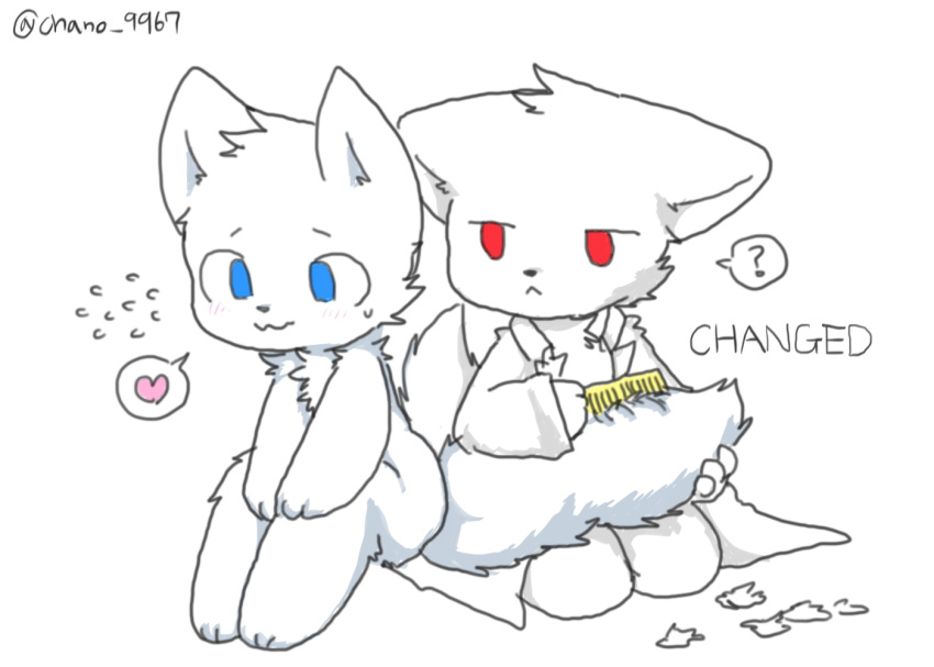 &lt;3 ? ambiguous_gender anthro blue_eyes blush canid canine canis changed_(video_game) chano cloth cub digital_media_(artwork) duo english_text fur lin_(changed) mammal paws red_eyes sitting text white_fur white_tail wolf young
