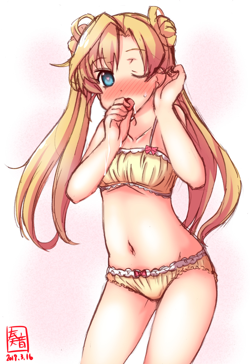 1girl abukuma_(kantai_collection) artist_logo blonde_hair blue_eyes blush bra breasts cinderella_bust collarbone commentary_request cowboy_shot dated double_bun eyebrows_visible_through_hair hair_between_eyes hair_rings heart heart-shaped_pupils highres kanon_(kurogane_knights) kantai_collection lingerie long_hair looking_at_viewer navel one_eye_closed panties sexually_suggestive signature simple_background small_breasts solo standing sweatdrop symbol-shaped_pupils underwear underwear_only white_background yellow_bra yellow_panties