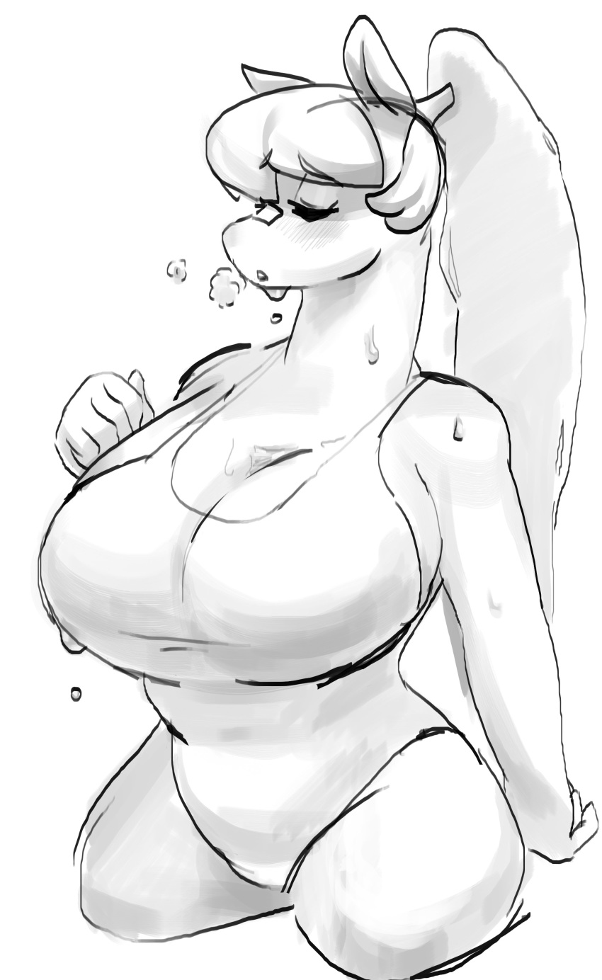 absurd_res anthro big_breasts black_and_white blush breasts cat_pepper cleavage clothed clothing english_text eyes_closed female giraffe giraffid hair hi_res huge_breasts kemono long_hair mammal monochrome panting shirt simple_background solo sweat tank_top text white_background