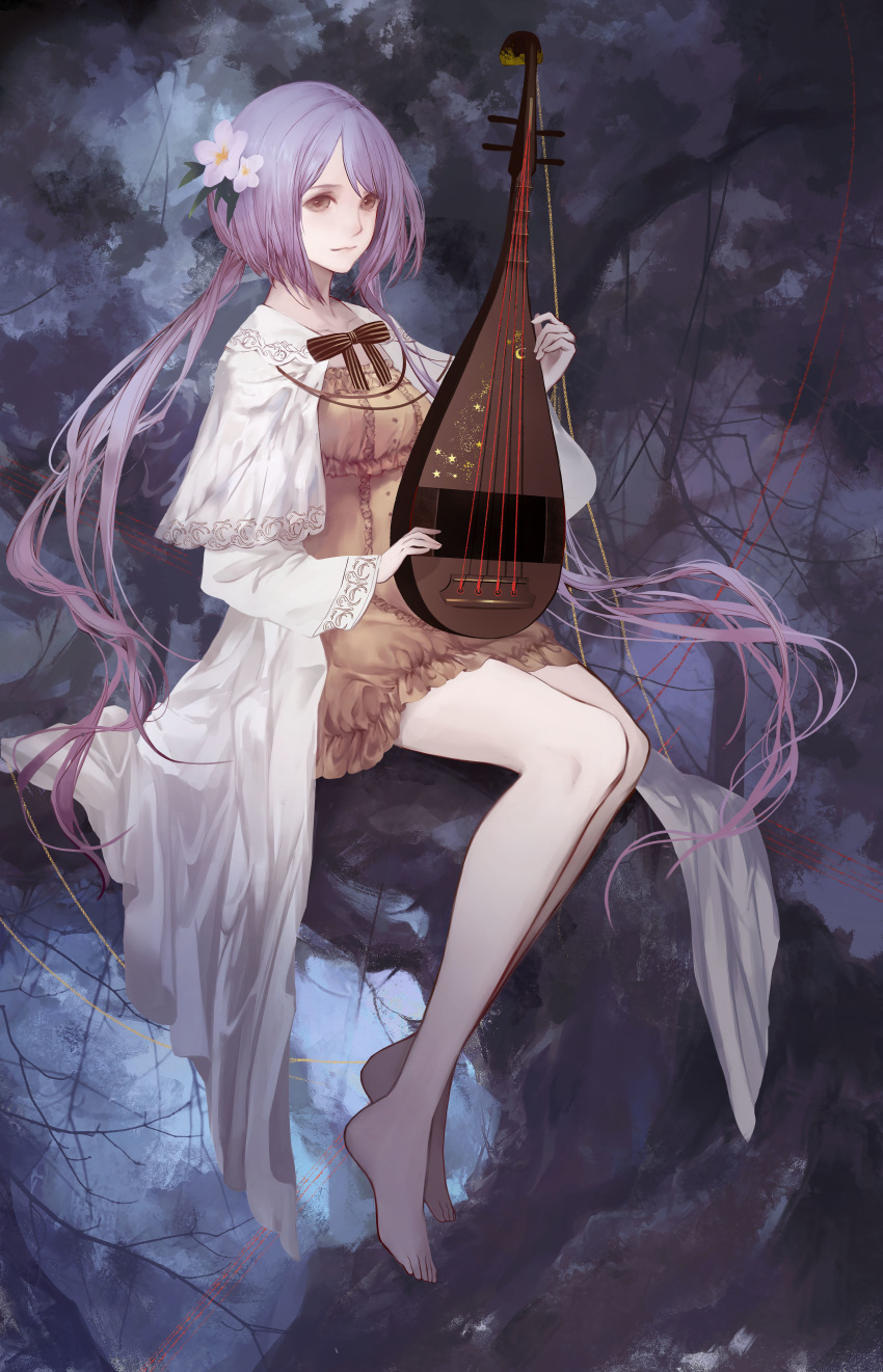 1girl absurdres bangs bare_legs biwa_lute bow bowtie branch breasts brown_dress brown_eyes buttons capelet chains closed_mouth collarbone dark dress dust_particles flower frills full_body gathers hair_flower hair_ornament hair_over_shoulder hand_up highres holding holding_instrument in_tree instrument kelou lavender_hair long_hair low_twintails lute_(instrument) medium_breasts purple_hair short_hair_with_long_locks sitting sitting_in_tree solo star striped striped_bow swept_bangs touhou tree tsukumo_benben twintails very_long_hair white_dress wide_sleeves