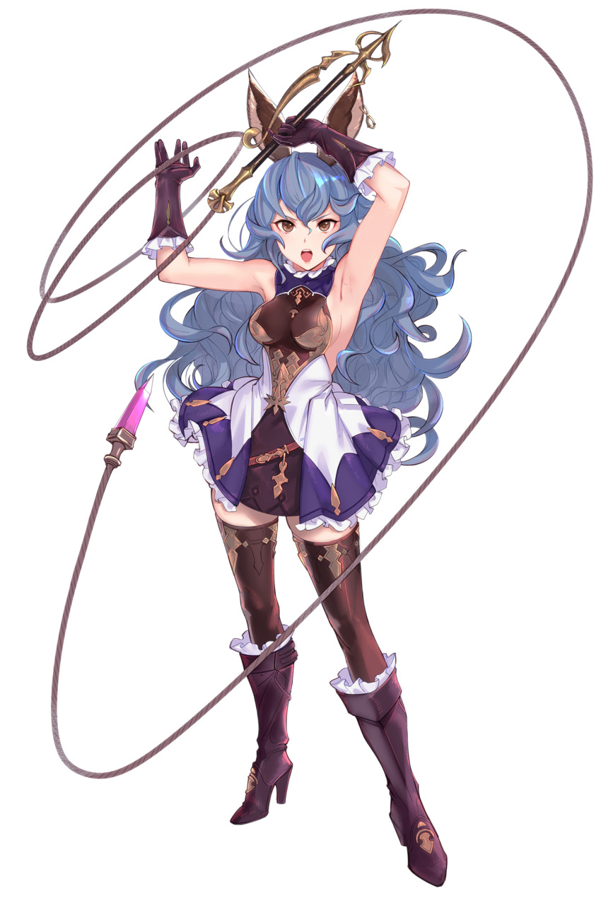 1girl animal_ears armpits backless_outfit bare_back belt black_gloves blue_hair blue_skirt breasts brown_eyes brown_gloves bunny_ears cape earrings erune ferry_(granblue_fantasy) full_body gloves granblue_fantasy highres hoop_earrings jewelry long_hair looking_at_viewer loose_belt sideboob single_earring skirt small_breasts solo tetsu_(kimuchi) wavy_hair whip yellow_eyes