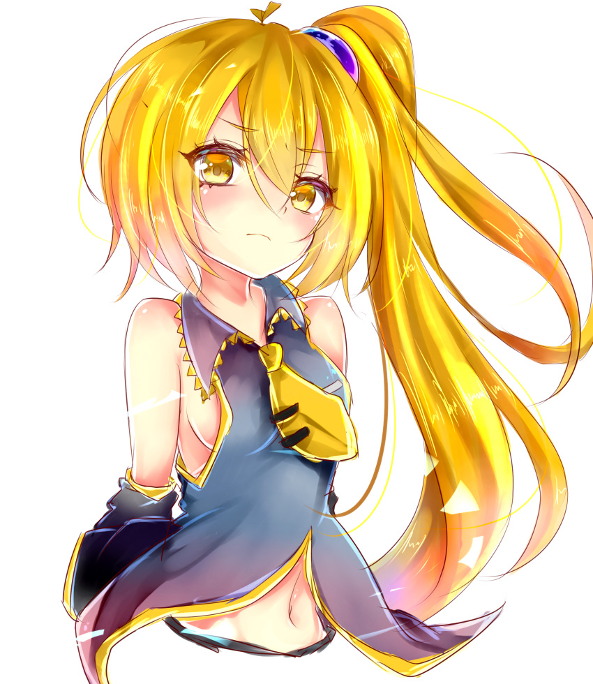 1girl absurdres akita_neru bare_shoulders blonde_hair blush breasts commentary detached_sleeves frown grey_shirt hair_tie highres long_ponytail looking_at_viewer midriff navel necktie no_legs ponytail shirt short_hair sideboob sleeveless sleeveless_shirt solo upper_body vocaloid xaruex yellow_eyes yellow_neckwear