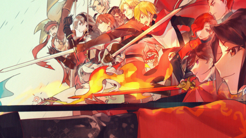 6+boys 6+girls adelinez arm_up armor black_gloves blonde_hair blue_eyes bow_(weapon) brown_eyes brown_hair cape character_request claw_(weapon) dark_skin dylan_the_island_king ethan_the_exiled_hero facial_hair fighting_stance fire flag flame frown gloves highres holding holding_sword holding_weapon long_hair multiple_boys multiple_girls mushroom outdoors pixiv_fantasia_last_saga purple_eyes red_cape red_eyes red_headband shield short_hair smirk stubble sword weapon white_hair yellow