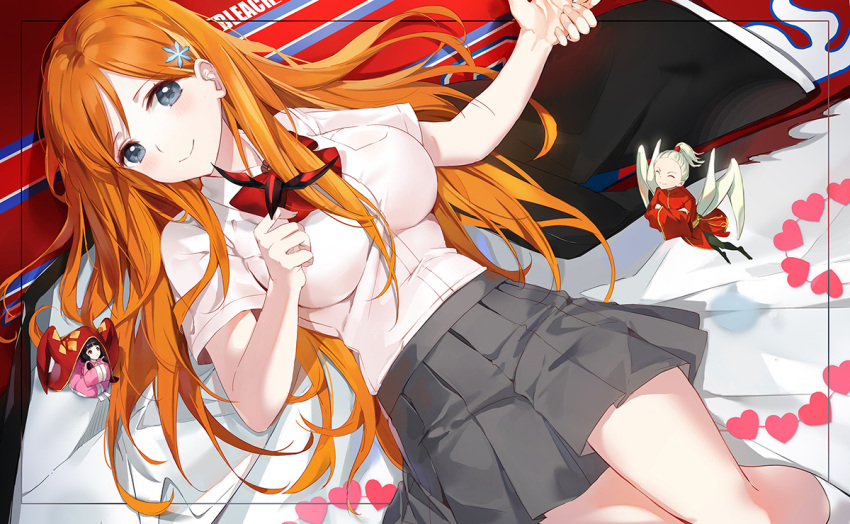 3girls bangs black_hair bleach bow bowtie breasts character_request chinese_clothes closed_mouth collared_shirt copyright_name grey_eyes grey_skirt hair_ornament hair_spread_out hand_holding haori heart inoue_orihime japanese_clothes kneehighs large_breasts long_hair looking_at_viewer low_twintails lying minigirl miniskirt multiple_girls on_back orange_hair pleated_skirt red_neckwear school_uniform shirt shirt_tucked_in short_sleeves skirt smile snowflake_hair_ornament tagme taichou_haori twintails white_legwear white_shirt yumaomi