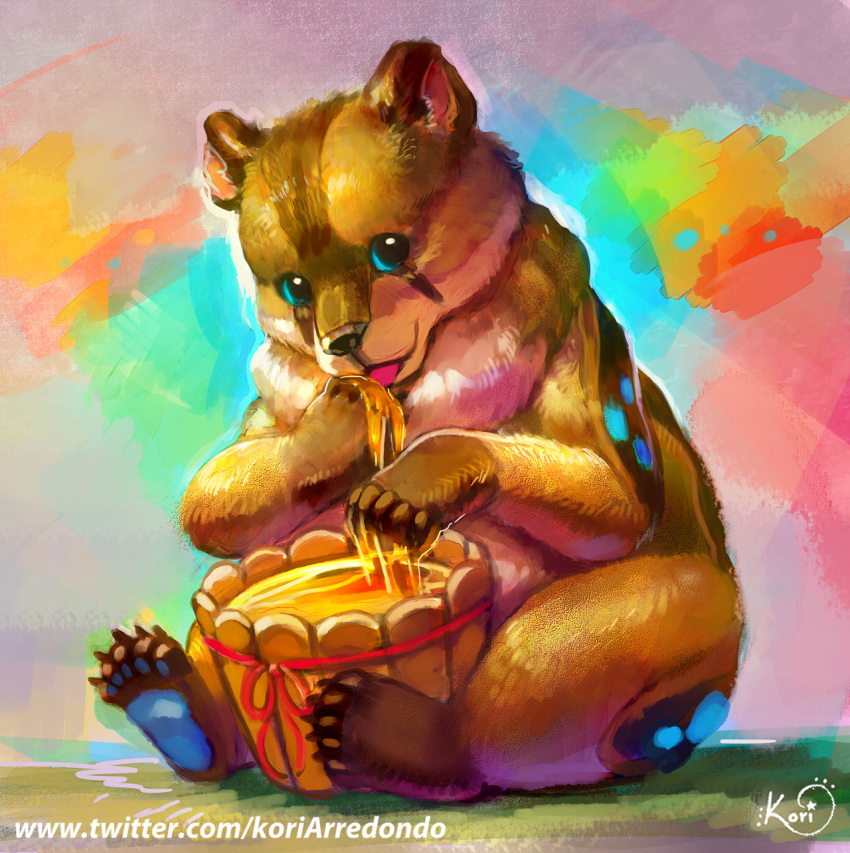 bear blue_eyes eating full_body happy highres honey koriarredondo looking_at_viewer multicolored multicolored_background original signature sitting_on_ground tongue tongue_out watermark web_address
