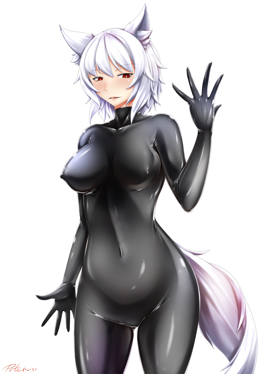 1girl animal_ear_fluff animal_ears artist_name bangs black_bodysuit bodysuit breasts collarbone commentary_request covered_navel cowboy_shot erect_nipples eyebrows_visible_through_hair groin hair_between_eyes hand_up highres inubashiri_momiji inyuppo latex_bodysuit looking_at_viewer medium_breasts navel no_hat no_headwear parted_lips red_eyes shiny shiny_clothes short_hair signature silver_hair simple_background solo standing stomach tail thighs touhou white_background wolf_ears wolf_tail