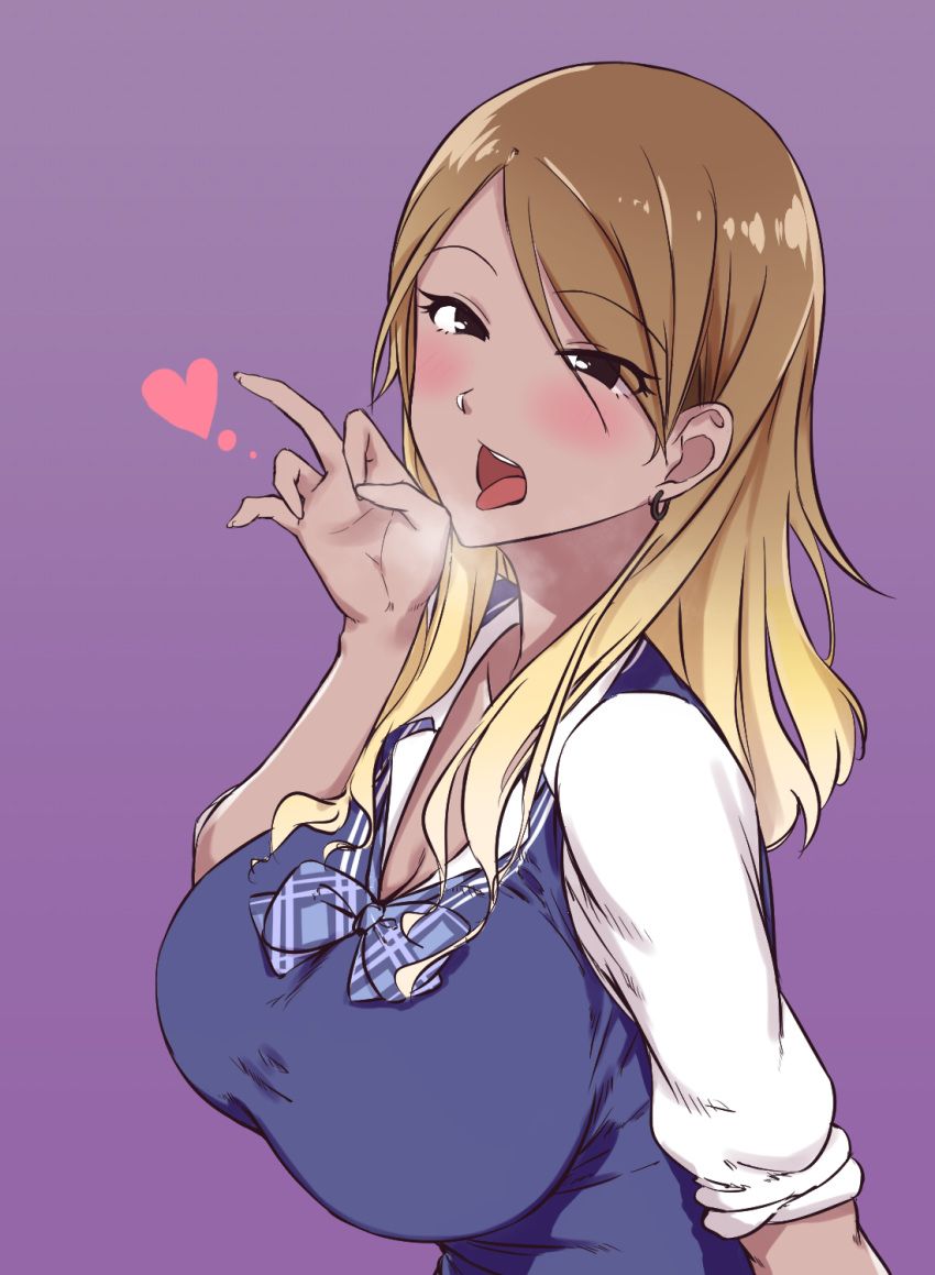 1girl aki_(aoirowings) black_eyes blonde_hair blue_bow blue_vest blush bow breasts breath brown_hair cardigan_vest cleavage collared_shirt dark_skin dress_shirt ear_piercing eyebrows_visible_through_hair eyes_visible_through_hair fellatio_gesture gradient_hair gyaru heart highres idolmaster idolmaster_shiny_colors izumi_mei large_breasts long_hair long_sleeves looking_at_viewer multicolored_hair open_mouth piercing plaid plaid_bow purple_background school_uniform shirt sleeves_rolled_up solo upper_body vest white_shirt