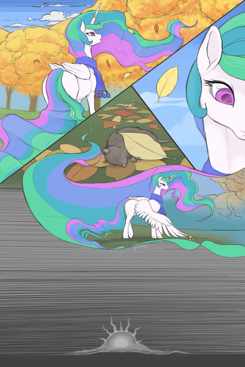 2014 arareroll autumn death equid feathered_wings feathers female feral friendship_is_magic horn mammal mouse my_little_pony outside princess_celestia_(mlp) rodent solo winged_unicorn wings