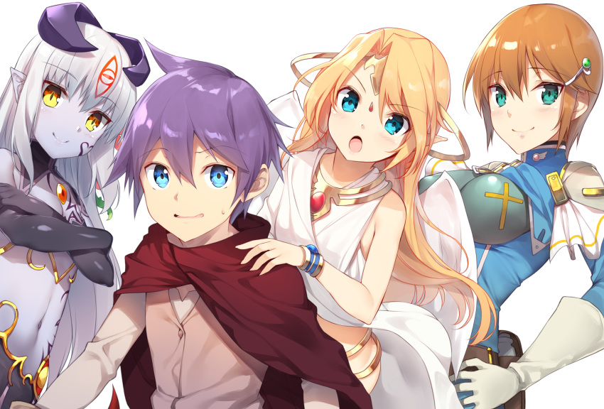 1boy 3girls :o absurdres alisfieze_fateburn_xvi aqua_eyes blonde_hair blue_eyes bracelet breasts brown_hair cape crossed_arms eyebrows_visible_through_hair gloves hair_between_eyes hair_ornament hairclip highres horns ilias jewelry long_hair looking_at_viewer luka_(mon-musu_quest!) medium_breasts mon-musu_quest! mon-musu_quest:_paradox multiple_girls navel purple_hair purple_skin short_hair silver_hair small_breasts smile sonya_(mon-musu_quest!) tattoo v-shaped_eyebrows white_wings wings yappen yellow_eyes